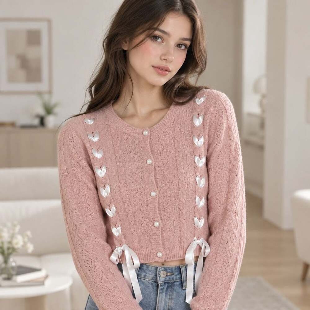 Aqua Blues Cardigan Size L Pink Cable Knit White Ribbon Bows